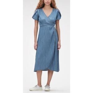 GAP Blue Asymmetrical Wrap Sundress with Puff Cap Sleeves